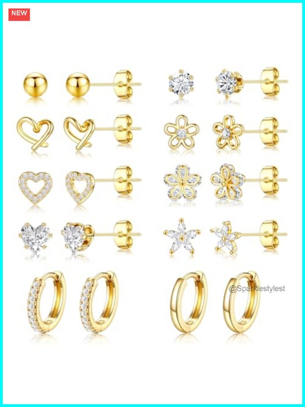 14K Gold Plated Stud & Hoop Earrings Set Hypoallergenic CZ 10 Pairs